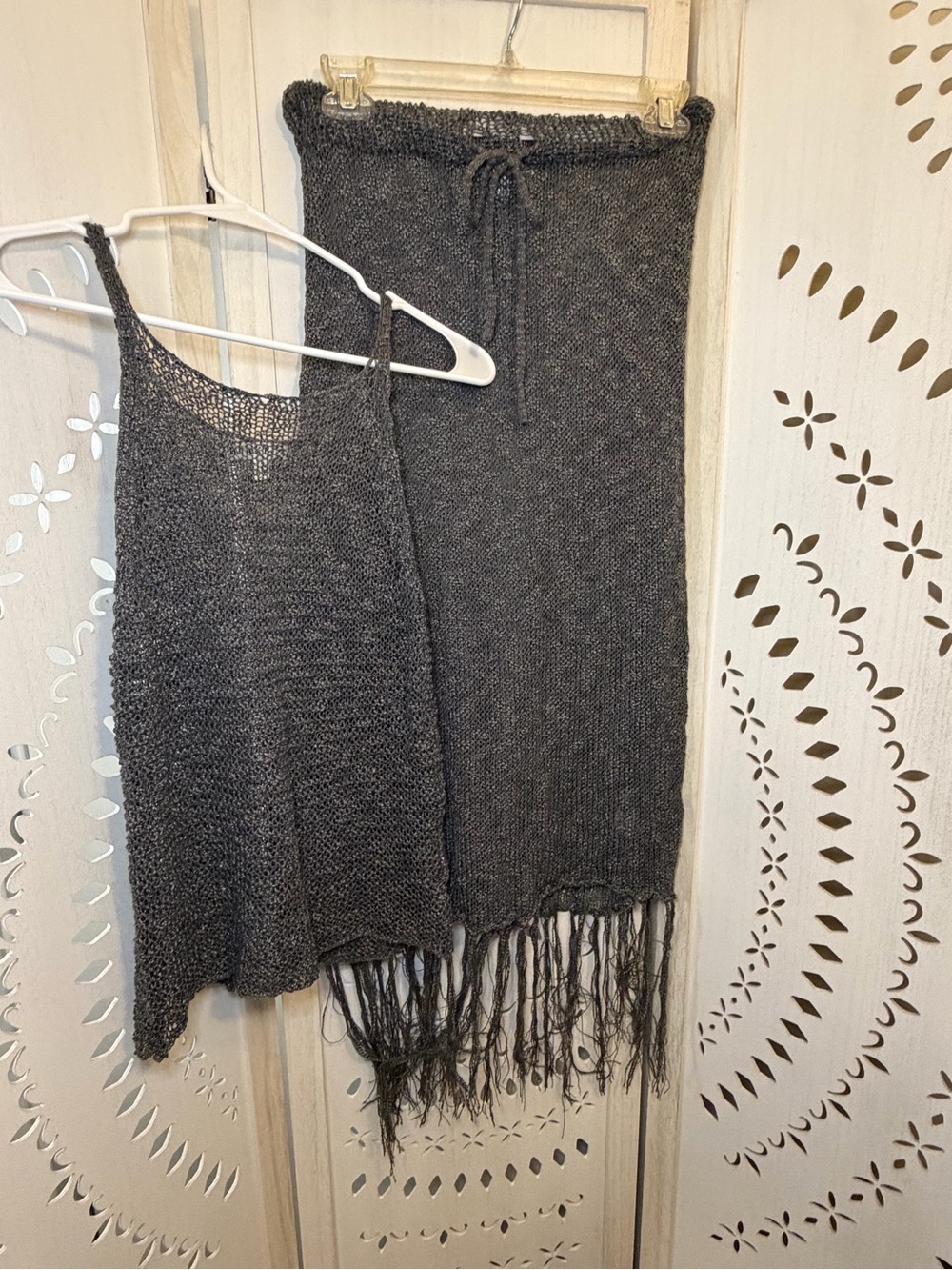 Charcoal Knit Fringe Maxi Skirt Set